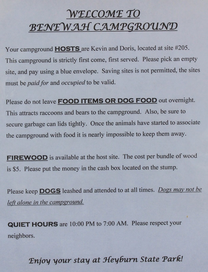 Benewah Campground signs and info