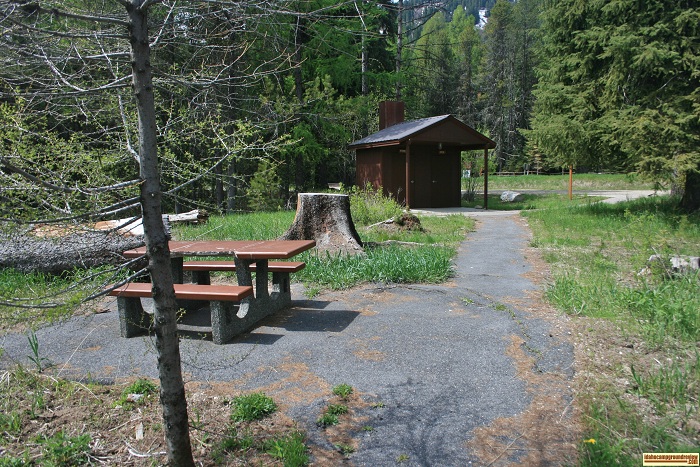 There is a vault style outhouse with paved paths. Tree roots are causing damage to some of the paths.
