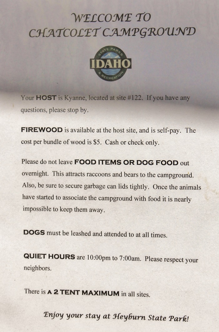 Chatcolet Campground, part of Heyburn State Park, signs in information.