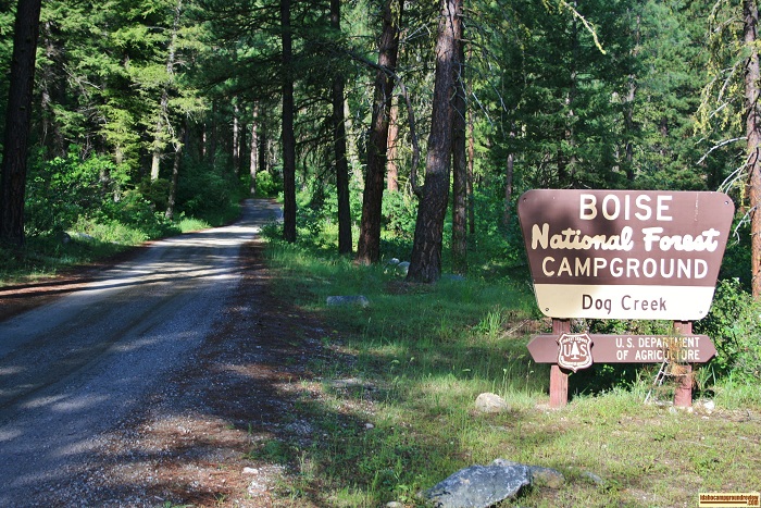 Dog Creek Campground sign, for those who love camping in Idaho.