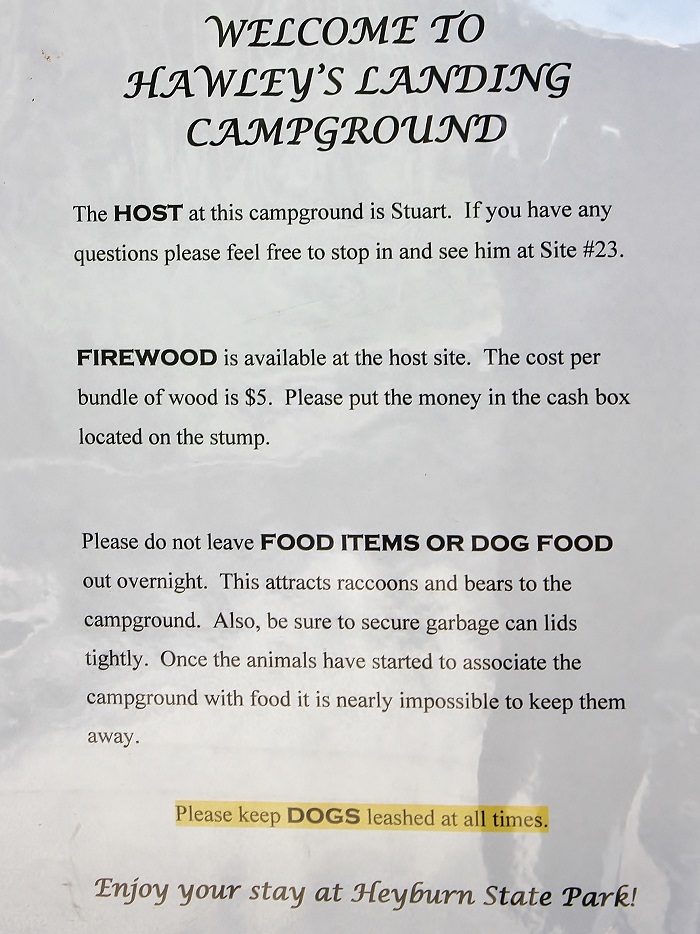 Hawleys Landing Campground sign and info