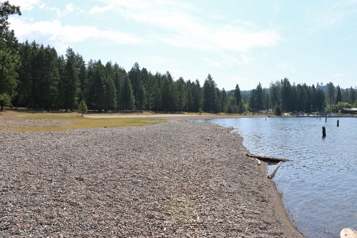 This is the view looking toward the volley ball "beach" and picnic area from the boat launch. 
To my left is the pavilion and there are picnic tables in the woods. The horseshoe pits are located next