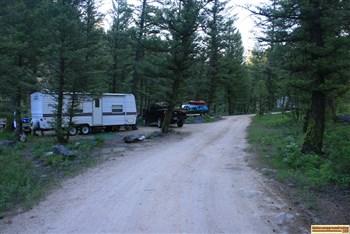 This is an RV camping site in Upper O'Brien Campground on the Salmon River NE of Stanley, Idaho.