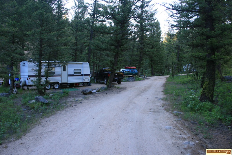 This is a view of part of the campground in Upper O'Brien Campground on the Salmon River NE of Stanley, Idaho.