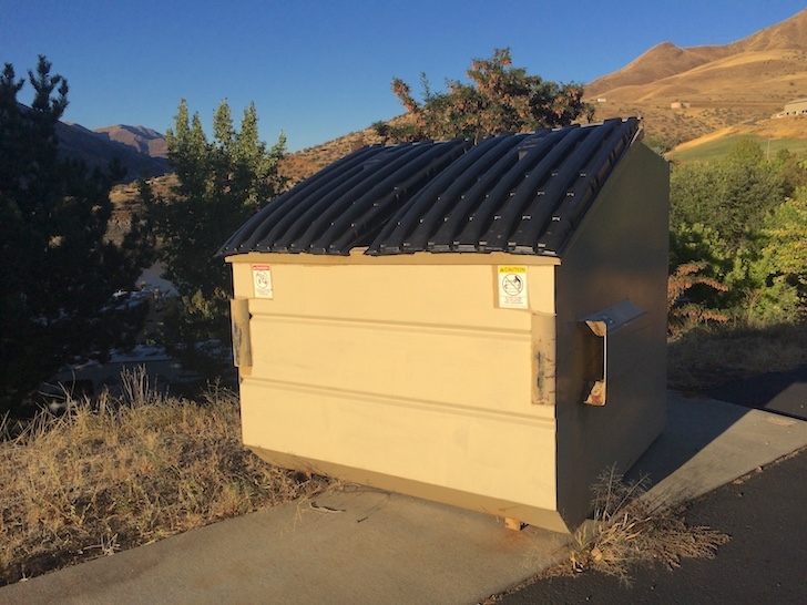 A picture of one of the dumpsters where you would throw your garbage in Woodhead Park.