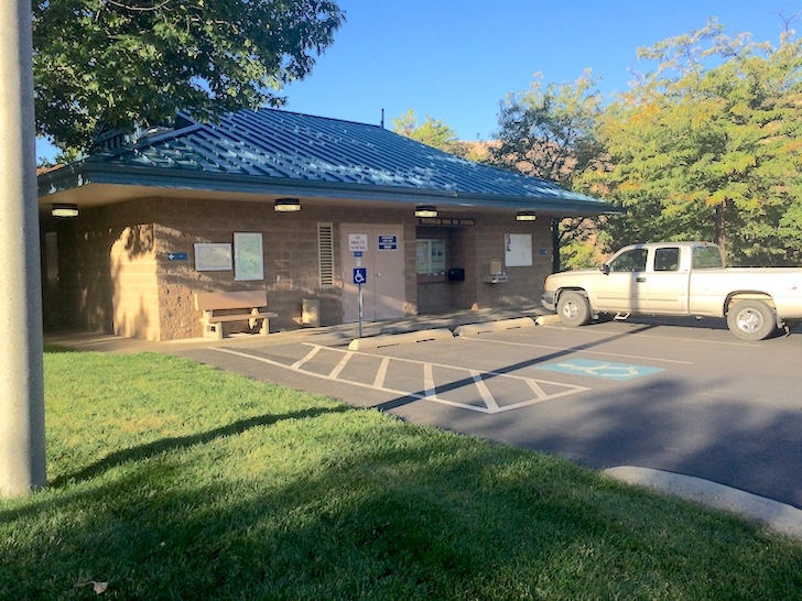 A picture of the restrooms near the entrance of Woodhead Park. These have the showers in them.