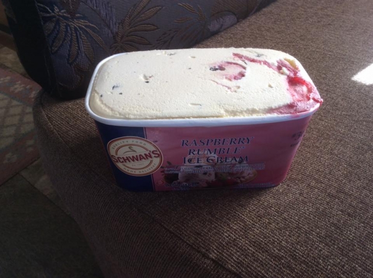 A picture of my hiking reward, Schwan's Raspberry Rumble ice cream.