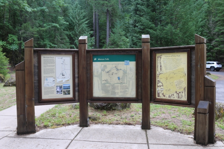Informational posters in the parking area at Watson Falls.