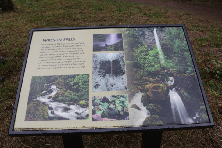 Informational posters in the parking area at Watson Falls.